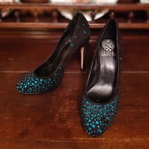 Black Suede Pumps with  Emerald "Rhinestones"